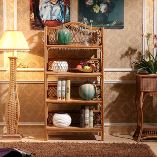 厂家批发民宿 酒店商用 书房藤编实木书架 印尼真藤藤制办公复古