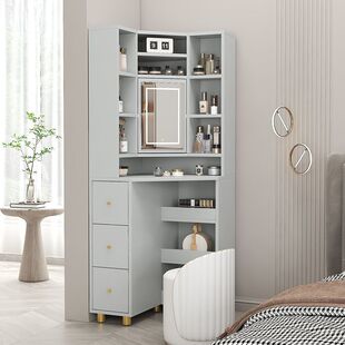 新款实木转角梳妆台简约现代小型拐角三角卧室化妆桌带镜子