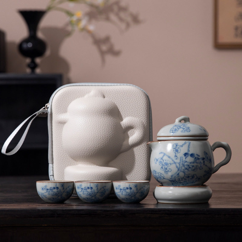 汝窑釉下彩便携式旅行茶具套装一人饮泡茶壶外出携带包户外快客杯