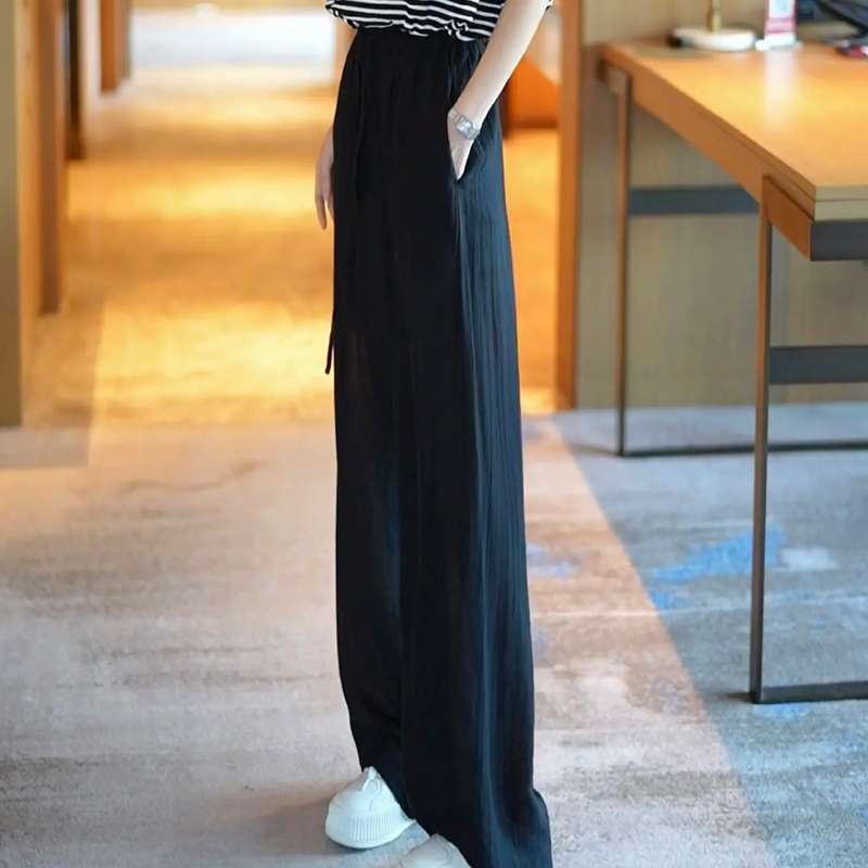 夏天宽松直筒阔腿裤女士松紧腰抽绳女裤夏季薄款休闲冰丝长裤子