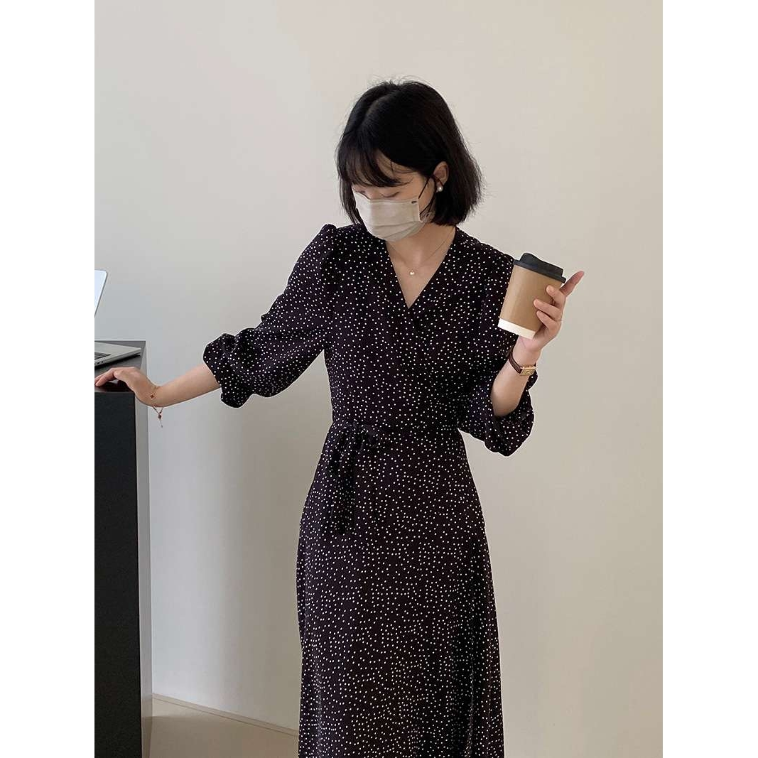 长袖雪纺 桑稚同款波点连衣裙女V领显瘦裙子 500长裙一片式