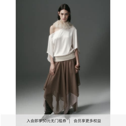 DIONYS*醋酸感露肩不规则中袖T 不对称斜肩宽松拼接上衣