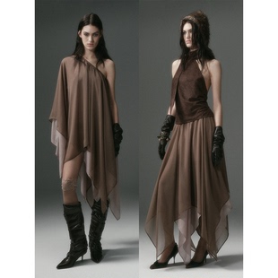 DIONYS*双层纱撞色方形剪裁半裙 不规则层次垂感长裙