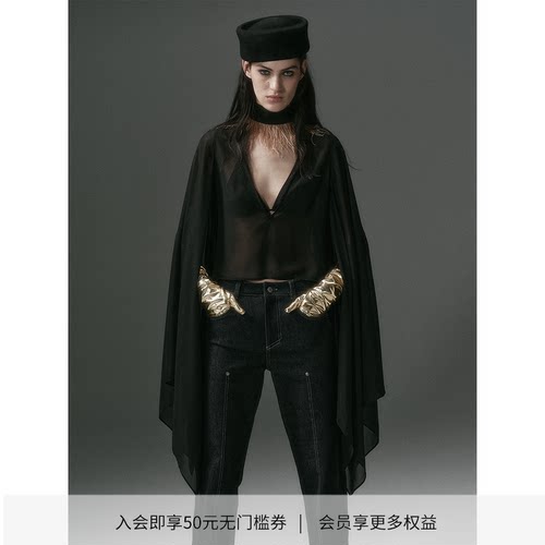 DIONYS*微透V领超长蝙蝠袖罩衫 设计感度假风黑色雪纺上衣