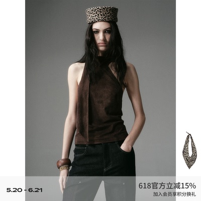 DIONYS*飘带挂脖露背系带上衣 复古感高领修身无袖背心