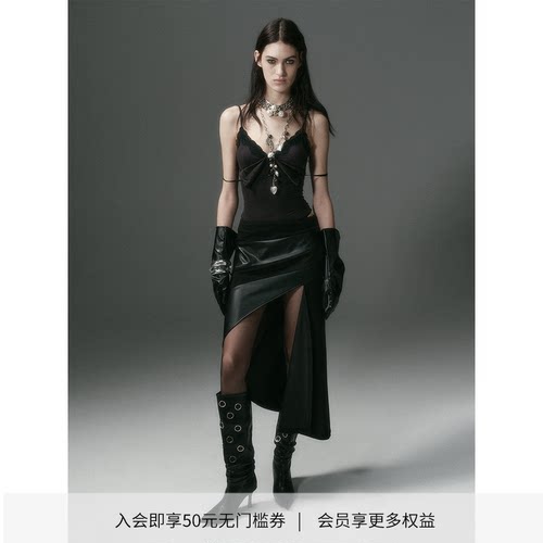 「谢可寅同款」DIONYS*麂皮拼接结构感不对称半裙 设计感皮裙