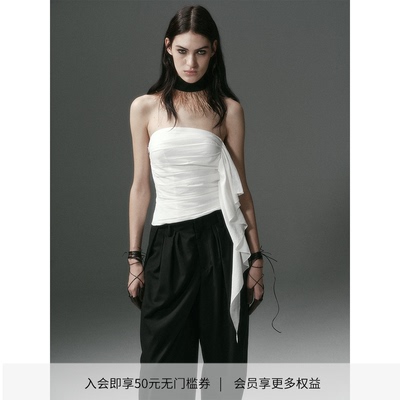 DIONYS*不规则褶皱雕塑感飘带立裁抹胸 不对称白色短款设计感上衣