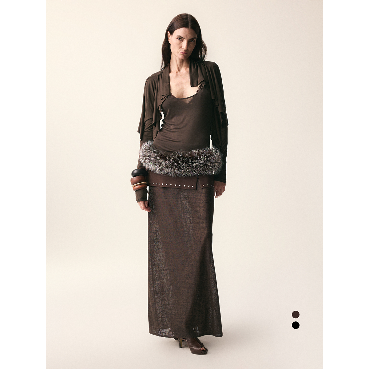 开衩假两件铆钉双层半裙