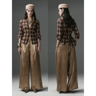 DIONYS*低裆金色涂层阔腿裤 复古感宽松垂感长裤