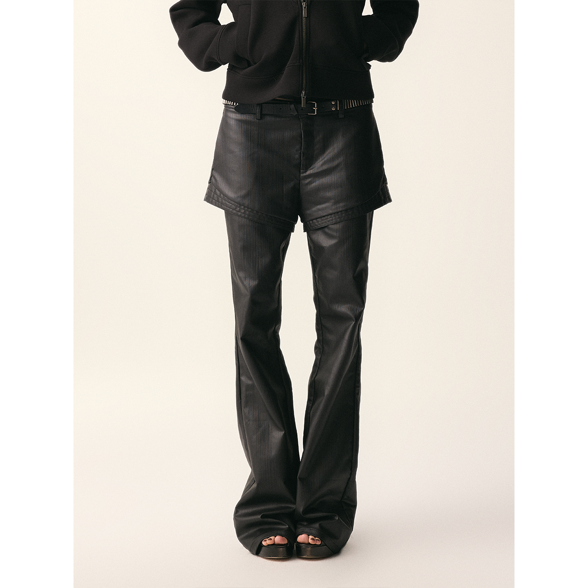 假两件微喇涂层牛仔皮裤