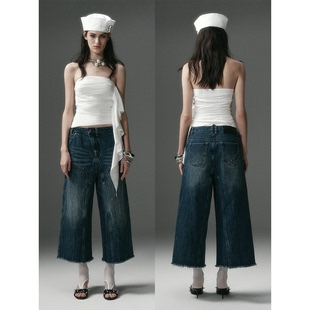 DIONYS*斜门襟九分阔腿毛边牛仔裤 复古做旧深蓝色九分裤