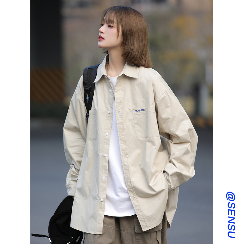 速发白春秋美设计休小众宽松长袖上衣感闲内搭款式衬衣外套