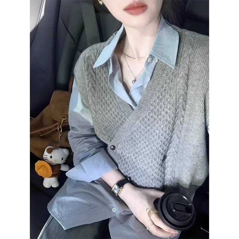 速发灰色V领针织马甲季肩秋冬洋别致外搭叠穿毛衣背心坎气时髦马