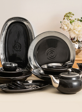 速发优格乌金釉镀银碗具套装家用陶瓷饭碗高礼感轻奢暖房乔迁级物