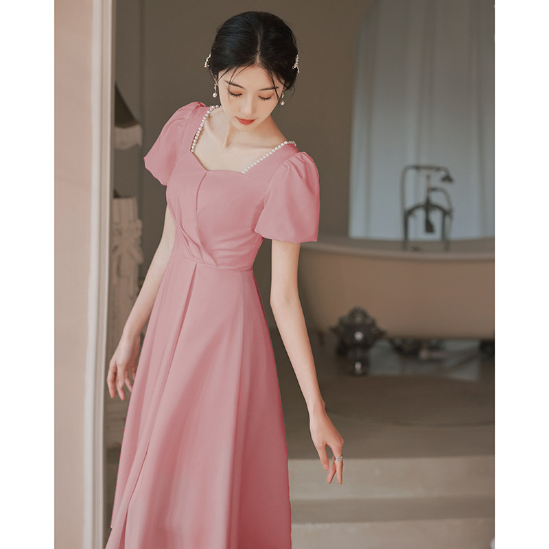 速发粉色晚礼服日常可会夏季泡泡袖在逃裙主连衣裙订婚伴娘服聚穿