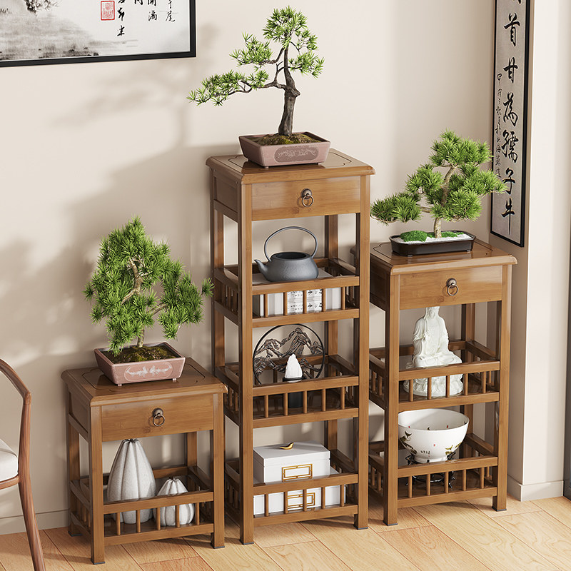 速发新家式竹台中用客厅花架绿植摆放装饰客厅旁落地式实木多层楠