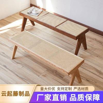 藤编长凳实木家用长凳餐椅北欧原木藤编白蜡木长板凳藤艺民宿凳子