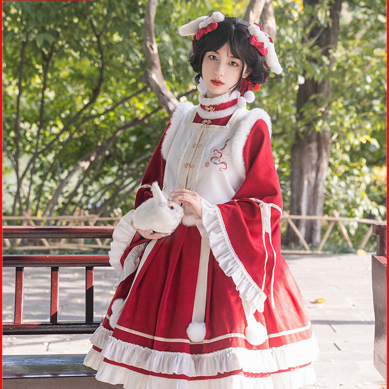 【似锦】 中华风新年战袍刺绣比甲op套装毛呢厚冬红,女装/女士精品,汉服套装,淘宝优惠券,粉丝福利购,淘宝优惠卷