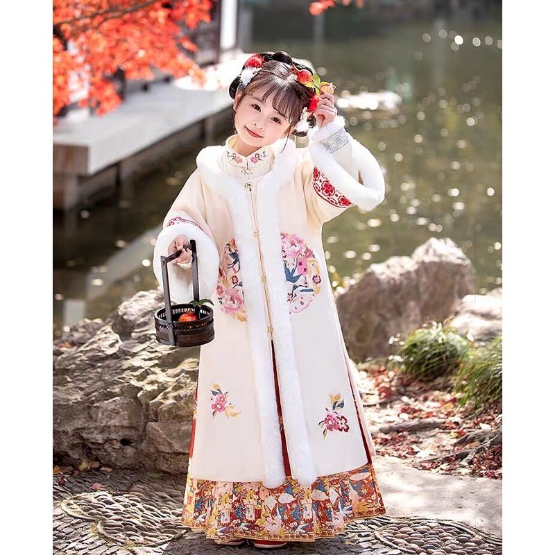 国风明制儿童汉服女童冬季古装加绒加厚拜年服女孩汉服过年演出服
