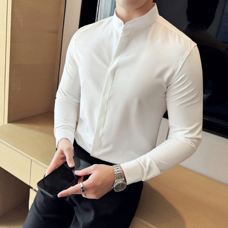 新中式立领长袖衬衫男春季韩版修身男装衬衣西装打底上衣白色寸衫