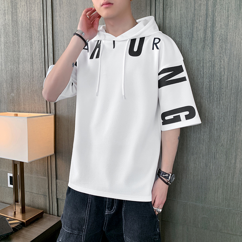 连帽短袖t恤男夏季宽松潮流半袖体桖上衣青少年丅血潮牌薄款卫衣