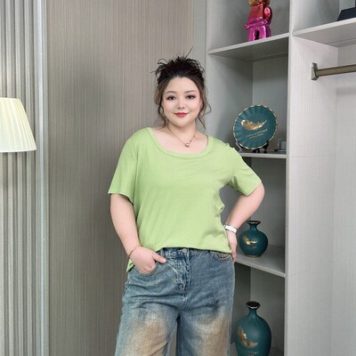 u领显瘦体恤短袖女大码夏季胖mm宽松白色内搭打底纯棉上衣t恤衫潮