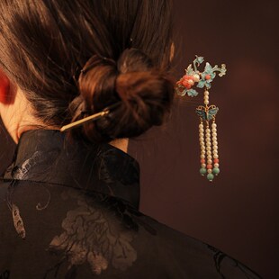 国风发簪高级感步摇古代簪子配旗袍汉服头饰簪花盘发烧蓝发饰发钗