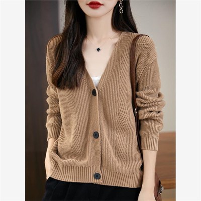 不起球100%纯棉针织开衫女外搭2025新款秋冬加厚宽松韩版外套毛衣