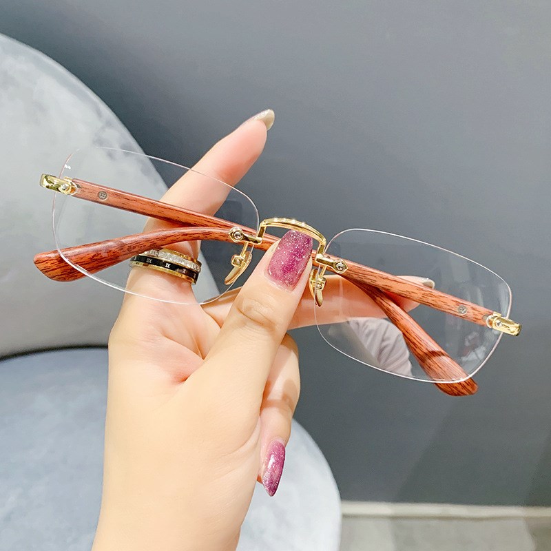 端无框眼镜成品近视复男古防蓝光眼镜防K竹木腿女可配度数显脸小