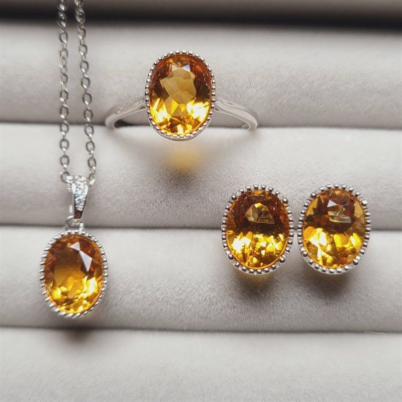 纯天然黄水晶套装 4件套 黄水晶戒指吊坠耳钉 简约包镶复古风