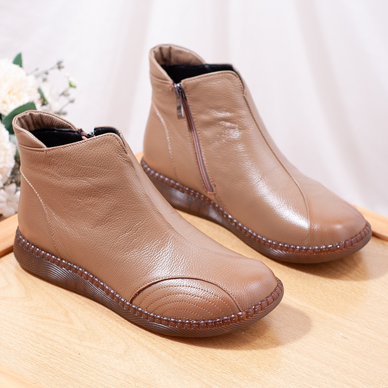 真皮女鞋中老年软底妈妈鞋棉鞋加绒保暖冬季老人短靴皮鞋防滑平底