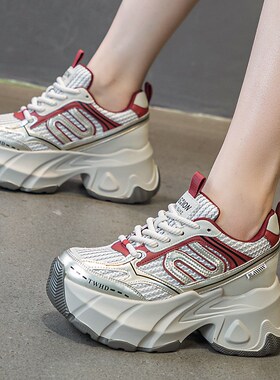 真皮内增高爆款i老爹鞋女9cm春季新款百搭单鞋厚底运动休闲松糕鞋