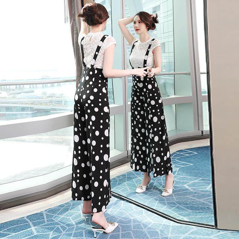 显瘦高腰薄款雪纺波点阔腿背带连体长裤子时尚两件套新款夏季女装