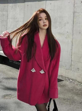 玫红色双面羊绒大衣女中长版2023秋冬新款宽松大翻领茧型毛呢外套