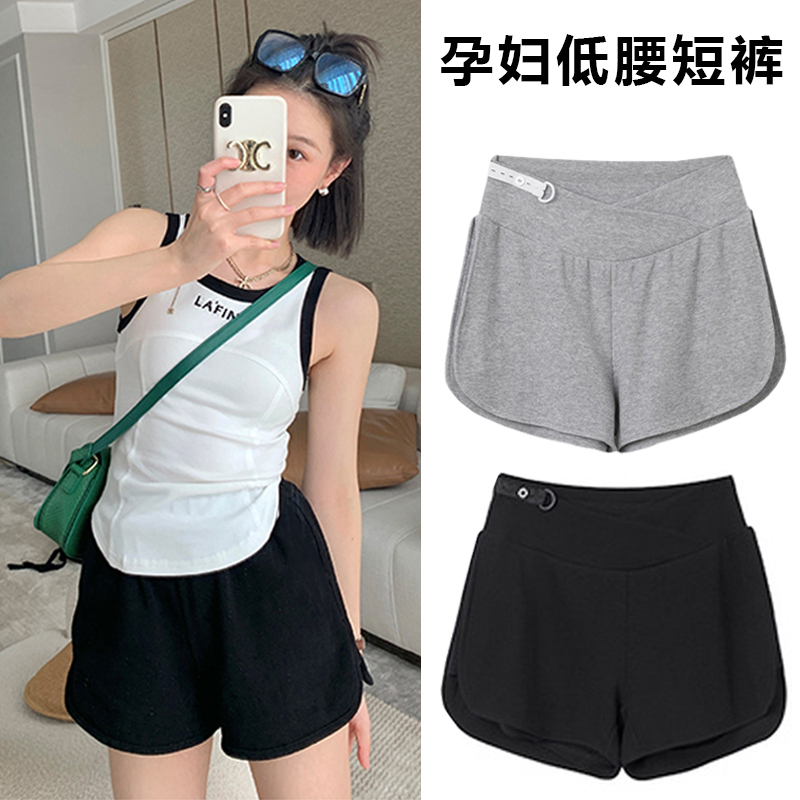 孕妇短裤夏季外穿薄款显瘦纯色阔腿运动休闲家居裤低腰托腹三分裤