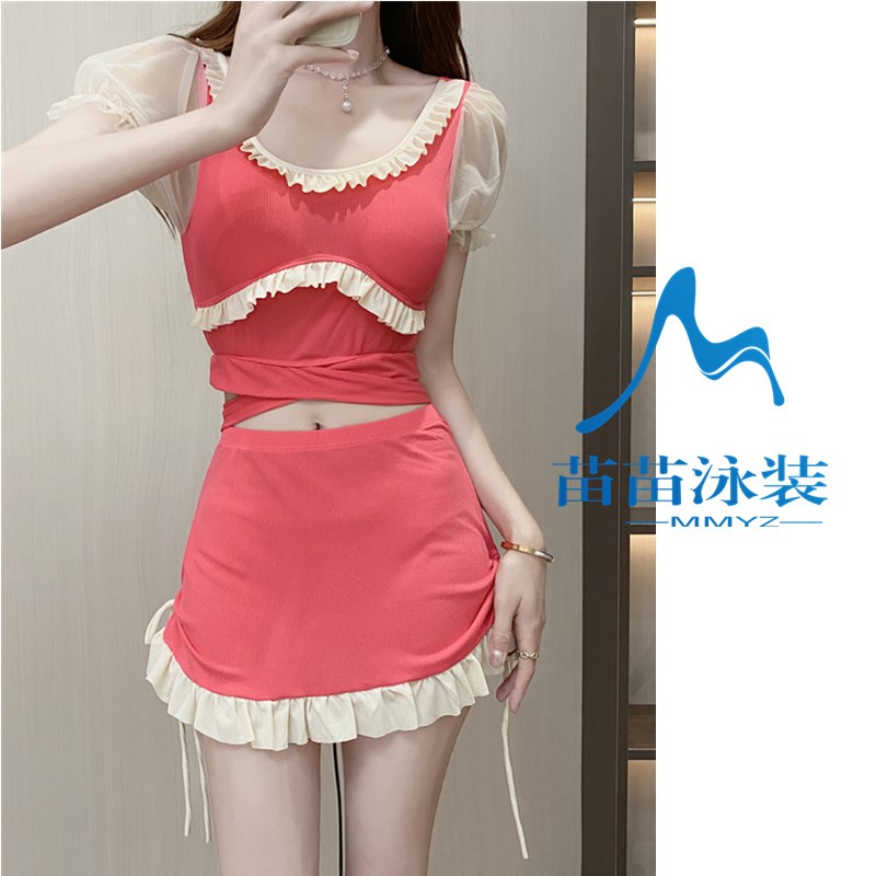 多巴胺少女游泳衣女2024新款分体裙式温泉学生T小清新荷叶边泳装