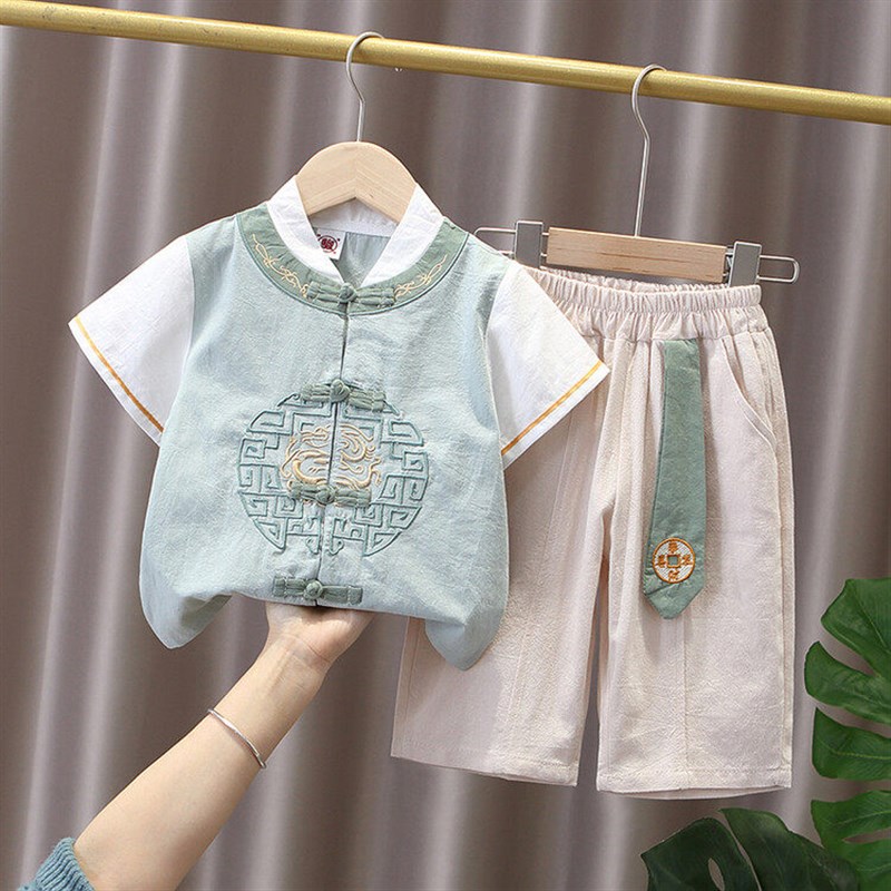 男童新款夏季套装男宝宝棉麻汉服短袖夏装中小童夏天古风两件套潮图片