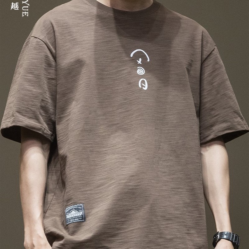 希越小刺绣竹节棉短袖t恤男2025夏季新款宽松大码潮流纯棉体恤衫