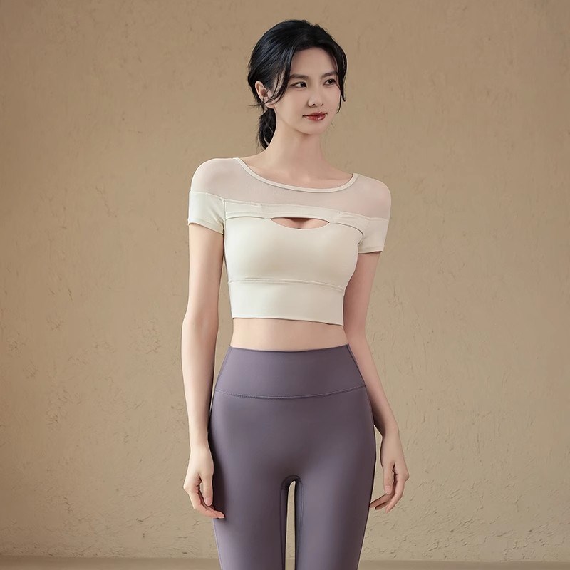 瑜伽服女夏运动i上衣带胸垫修身网纱短袖T恤外穿跑步训练健身背心