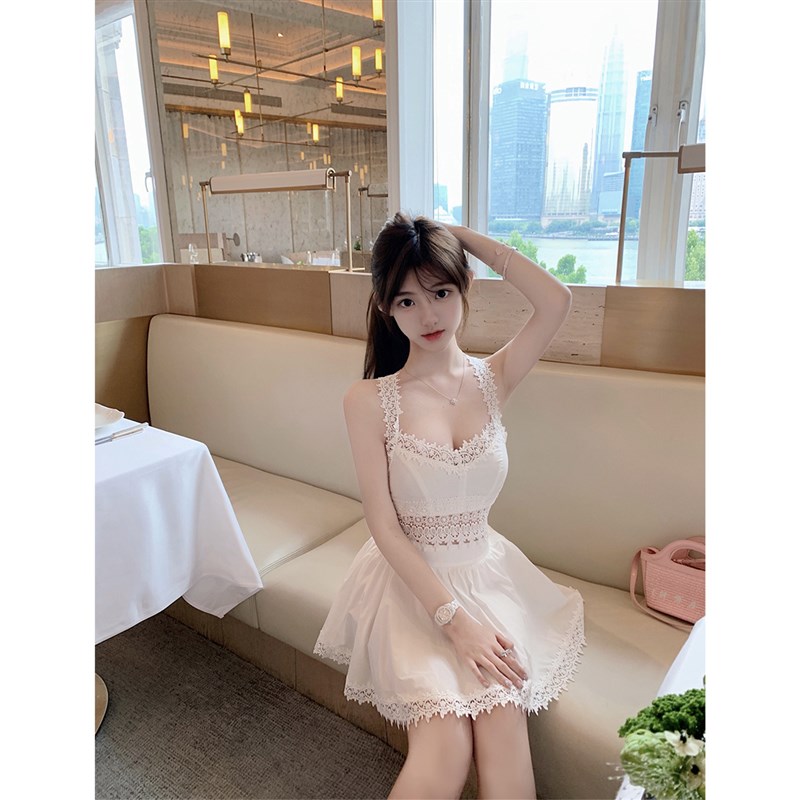 若语定制 月光序章 重工蕾丝花边拼接吊带背心半裙初恋小白裙套装