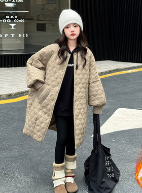 女童秋冬外套2024新款女大童夹棉加厚中长款大衣儿童冬季保暖棉服