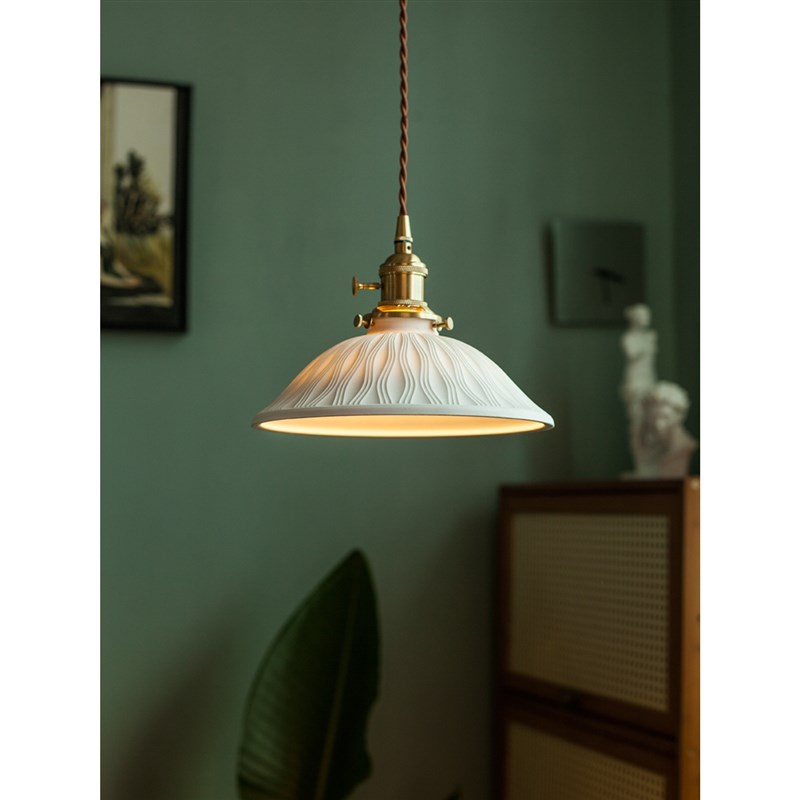 中式复古白色透光陶瓷吊灯 中古餐厅吧台茶室茶台工作灯具