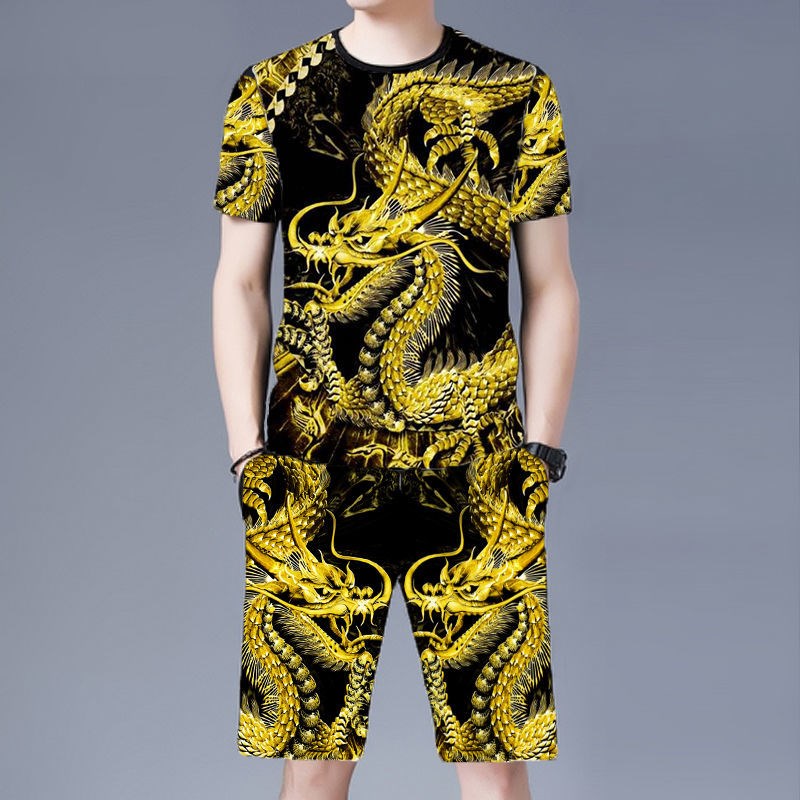 夏季短袖T恤套装男个性休闲运动服国潮流牌裤半袖加大码两件套男