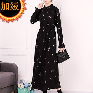 连衣裙女秋冬加绒碎花法式打底裙子微胖独特富家千金感长裙高个子