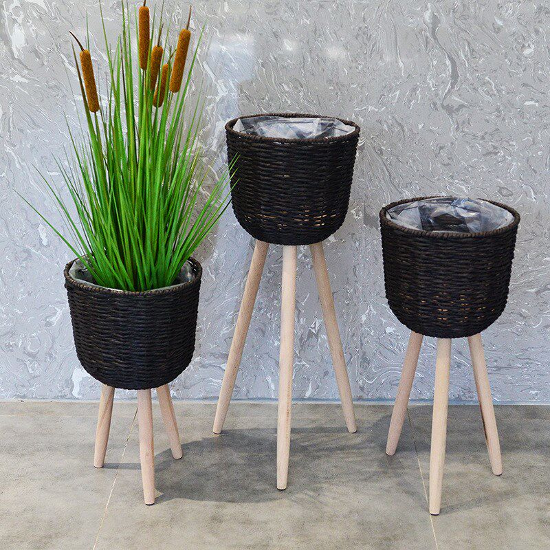 木质落地花架 客厅阳台田园简约草编藤编花篮N 地面装饰高低花盆