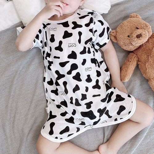 夏季宝宝纯棉薄款呼吸连体家居服男童连体衣儿童睡衣睡裙无骨睡袍