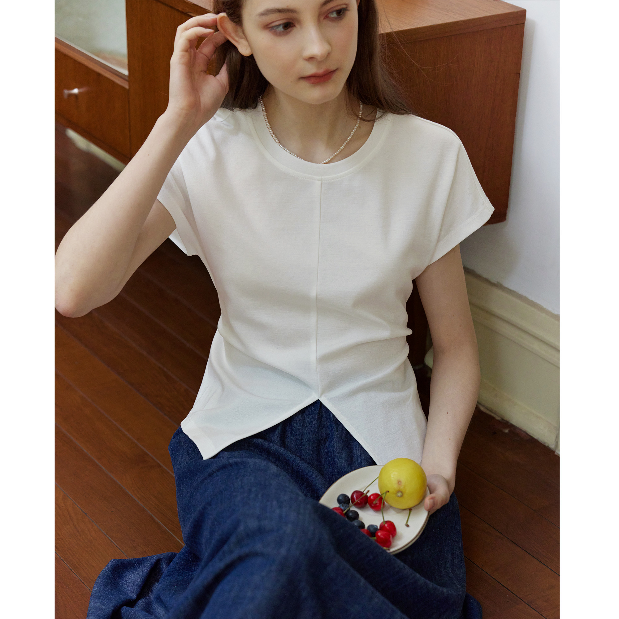 白色百搭圆领三醋酸短款系带收腰显瘦无袖T恤女夏设计感开叉上衣