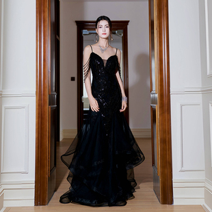 复古黑色晚礼服流苏不规则裙摆舞蹈晚会走秀模特广告长款连衣裙夏