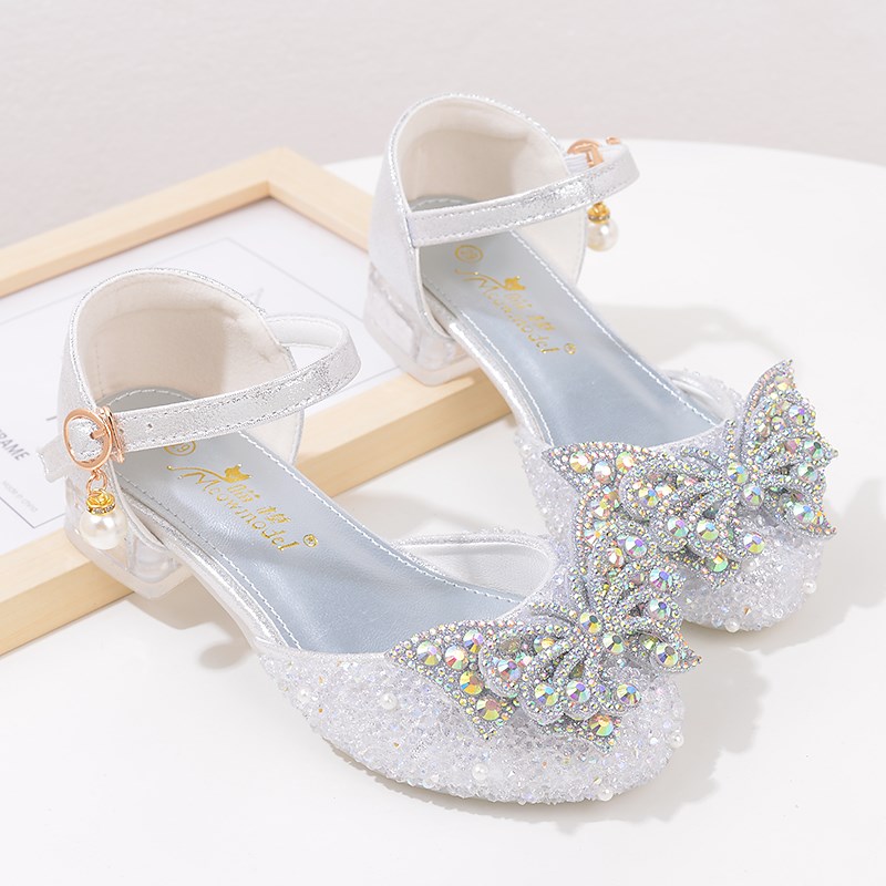 韩版女童公主鞋银白色灰姑娘儿童水晶鞋学生晚会表演鞋女孩高跟鞋