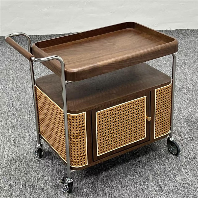 全实木藤编小推车可移动小茶几边几中古角几沙发茶水车置物边柜